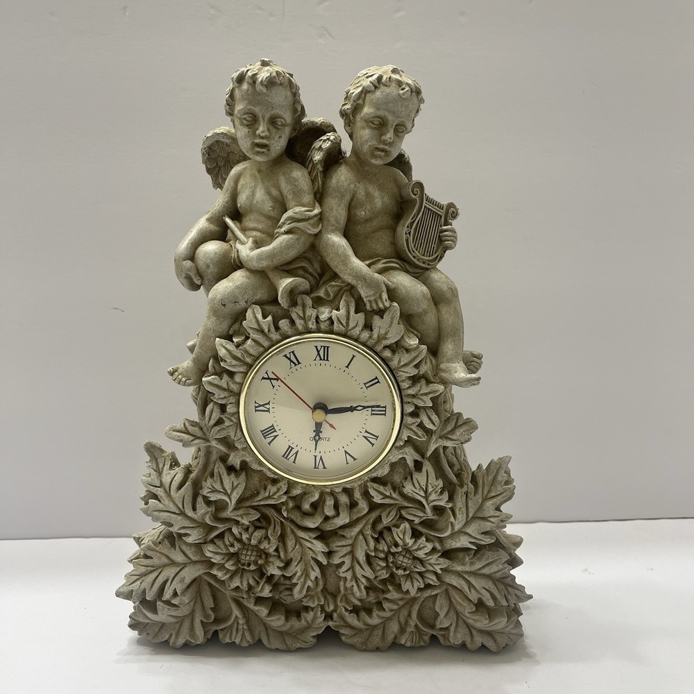Vintage Cherub Mantle Clock Resin Quartz Beige 11.75x8.5" Works Cherubs Leaves